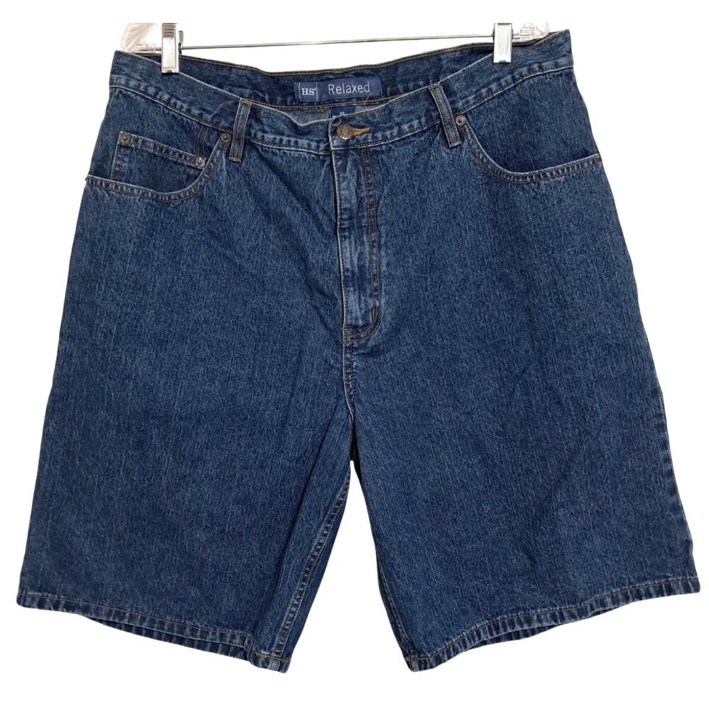 HS Relaxed Fit Jean Shorts Mens Size 38 Dark Blue Denim Longer‎ Shorts Jorts